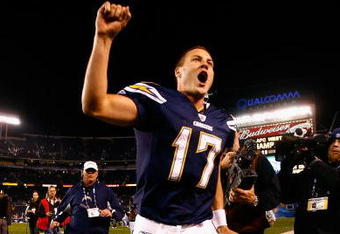 SAN DIEGO - DECEMBER 28:  Quarterback Philip Rivers #17 of the San Diego Chargers celebrates after defeating the Denver Broncos in the NFL game at Qualcomm Stadium on December 28, 2008 in San Diego, California. The Chargers defeated the Broncos 52--21. (Photo by Jeff Gross/Getty Images)
