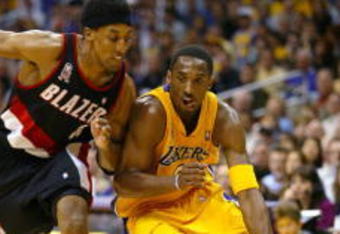 21 Apr 2002:   Kobe Bryant #8 of the Los Angeles Lakers drives past Scottie Pippen #33 of the Portland Trail Blazers during round one of the 2002 NBA Playoffs at Staples Center in Los Angeles, California.  DIGITAL IMAGE NOTE TO USER:  User expressly acknowledges and agrees that, by downloading and/or using this Photograph, User is consenting to the terms and conditions of the Getty Images License  Agreement. Mandatory copyright notice:  Copyright 2002 NBAE Mandatory Credit: Robert Laberge/Getty Images.