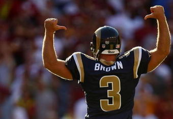 LANDOVER, MD - OCTOBER 12:  Josh Brown #3 of the St. Louis Rams celebrates kicking the winning field goal against the Washington Redskins during their game on October 12, 2008 at FedEx Field in Landover, Maryland.  (Photo by Chris McGrath/Getty Images)