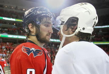 WASHINGTON - MAY 13:  Alex Ovechkin #8 of the Washington Capitals and Sidney Crosby #87 of the Pittsburgh Penguins shake hands after Pittsburgh's 6-2 victory in Game Seven of the Eastern Conference Semifinal  Round of the 2009 Stanley Cup Playoffs at Verizon Center on May 13, 2009 in Washington, DC.  (Photo by Bruce Bennett/Getty Images)