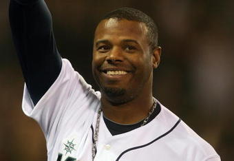 SEATTLE - APRIL 15:  Ken Griffey, Jr. of the Seattle Mariners waves to the crowd after hitting a solo home run against the Los Angeles Angels of Anaheim at Safeco Field April 15, 2009 in Seattle, Washington. All Major League Baseball players are wearing #42 in honor of Jackie Robinson day.  (Photo by Otto Greule Jr/Getty Images)