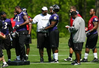 OWINGS MILLS, MARYLAND - MAY 8: Offensive lineman Michael Oher #74 of the Baltimore Ravens listens to a coach during minicamp at the practice facility on May 8, 2009 in Owings Mills, Maryland. (Photo by Ned Dishman/Getty Images)