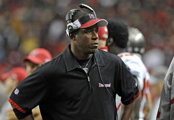 ATLANTA - DECEMBER 14: Defensive backs coach Raheem Morris of the Tampa Bay Buccaneers directs play against the Atlanta Falcons at the Georgia Dome on December 14, 2008 in Atlanta, Georgia.  (Photo by Al Messerschmidt/Getty Images) 