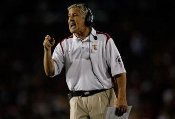 PASADENA, CA - JANUARY 01:  Head coach Pete Carroll of the USC Trojans points during the second half against the Penn State Nittany Lions during the 95th Rose Bowl Game presented by Citi on January 1, 2009 at the Rose Bowl in Pasadena, California.  (Photo by Harry How/Getty Images)