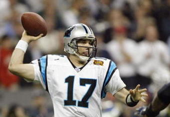 HOUSTON, TX - FEBRUARY 1:  Quarterback Jake Delhomme #17 of the Carolina Panthers throws the ball against the New England Patriots during Super Bowl XXXVIII at Reliant Stadium on February 1, 2004 in Houston, Texas. The Patriots won 32-29 to claim their second Super Bowl in three years. (Photo by Donald Miralle/Getty Images)