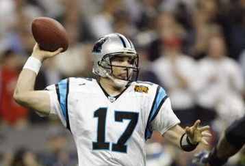 HOUSTON, TX - FEBRUARY 1:  Quarterback Jake Delhomme #17 of the Carolina Panthers throws the ball against the New England Patriots during Super Bowl XXXVIII at Reliant Stadium on February 1, 2004 in Houston, Texas. The Patriots won 32-29 to claim their second Super Bowl in three years. (Photo by Donald Miralle/Getty Images)