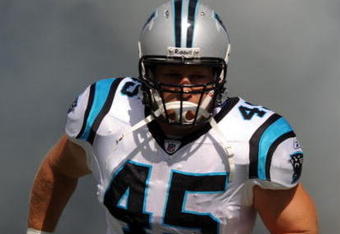 CHARLOTTE, NC - SEPTEMBER 28:  Fullback Brad Hoover #45 of the Carolina Panthers runs out of the tunnel during introductions before the game against the Atlanta Falcons at Bank of America Stadium on September 28, 2008 in Charlotte, North Carolina. The Carolina Panthers won the game 24-9. (Photo by Steve Dykes/Getty Images)
