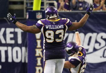 MINNEAPOLIS - SEPTEMBER 21:  Defensive linemen Kevin Williams and Jared Allen of the Minnesota Vikings celebrate a late 4th quarter sack against the Carolina Panthers at the HH Humphrey Metrodome on September 21, 2008 in Minneapolis, Minnesota.  (Photo by David Sherman/Getty Images)