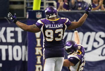 MINNEAPOLIS - SEPTEMBER 21:  Defensive linemen Kevin Williams and Jared Allen of the Minnesota Vikings celebrate a late 4th quarter sack against the Carolina Panthers at the HH Humphrey Metrodome on September 21, 2008 in Minneapolis, Minnesota.  (Photo by David Sherman/Getty Images)