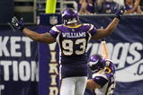 MINNEAPOLIS - SEPTEMBER 21:  Defensive linemen Kevin Williams and Jared Allen of the Minnesota Vikings celebrate a late 4th quarter sack against the Carolina Panthers at the HH Humphrey Metrodome on September 21, 2008 in Minneapolis, Minnesota.  (Photo by David Sherman/Getty Images)