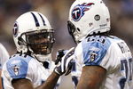 DETROIT , MI - NOVEMBER 27:  LenDale White #25 of the Tennessee Titans celebrates a second quarter touchdown with Chris Johnson #28 while playing the Detroit Lions on November 27, 2008 at Ford Field in Detroit, Michigan.  (Photo by Gregory Shamus/Getty Images)
