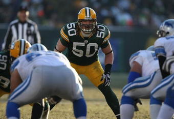 GREEN BAY, WI - DECEMBER 28: A.J. Hawk #50 of the Green Bay Packers awaits the snap against the Detroit Lions on December 28, 2008 at Lambeau Field in Green Bay, Wisconsin. The Packers defeated the Lions 31-21. The Packers defeated the Lions 31-21. (Photo by Jonathan Daniel/Getty Images)