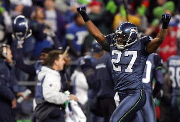 SEATTLE - JANUARY 06:  Jordan Babineaux #27 of the Seattle Seahawks celebrates his teams win over the Dallas Cowboys in the fourth quarter of the NFC Wild Card Playoff Game against the Seattle Seahawks on January 6, 2007 at Qwest Field in Seattle, Washington. The Seattle Seahawks won the game 21-20.  (Photo by Jed Jacobsohn/Getty Images)