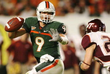 MIAMI - NOVEMBER 13:  Quarterback Robert Marve #9 of the Miami Hurricanes scrambles away from by linebacker Cody Grimm #26 of the Virginia Tech Hokies at Dolphin Stadium on November 13, 2008 in Miami, Florida.  (Photo by Doug Benc/Getty Images)