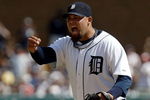 DETROIT - AUGUST 26:  Joel Zumaya #54 of the Detroit Tigers pumps his fist after teammate Brandon Inge #15 made a play at first base to end the eighth inning against the New York Yankees during their MLB game at the Comerica Park August 26, 2007 in Detroit, Michigan.(Photo By Dave Sandford/Getty Images)