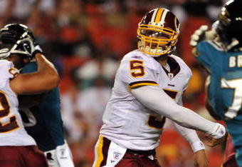LANDOVER, MD - AUGUST 28: Quarterback Colt Brennan #5 of the Washington Redskins passes the ball during the preseason game against the Jacksonville Jaguars on August 28, 2008 at FedEx Field in Landover, Maryland. (Photo by Larry French/Getty Images)