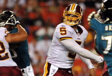 LANDOVER, MD - AUGUST 28: Quarterback Colt Brennan #5 of the Washington Redskins passes the ball during the preseason game against the Jacksonville Jaguars on August 28, 2008 at FedEx Field in Landover, Maryland. (Photo by Larry French/Getty Images)