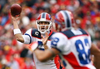 KANSAS CITY, MO - NOVEMBER 23:  Quarterback Trent Edwards #5 of the Buffalo Bills passes to receiver Josh Reed #82 during the first half of the game against the Kansas City Chiefs on November 23, 2008 at Arrowhead Stadium in Kansas City, Missouri.  (Photo by Jamie Squire/Getty Images)