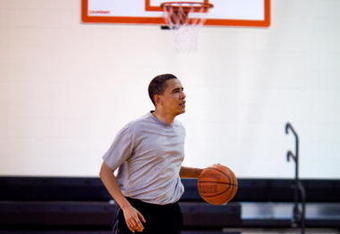 WASHINGTON - MAY 9:  In this handout provide by the White House, U.S. President Barack Obama plays basketball at Fort McNair on May 9, 2009 in Washington, DC. Obama is serving as the 44th President of the U.S. and the first African-American to be elected to the office of President in the history of the United States.  (Photo by Pete Souza/White House via Getty Images)