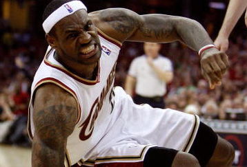 CLEVELAND - MAY 20: LeBron James #23 of the Cleveland Cavaliers gets up from the floor against the Orlando Magic in Game One of the Eastern Conference Finals during the 2009 Playoffs at Quicken Loans Arena on May 20, 2009 in Cleveland, Ohio. NOTE TO USER: User expressly acknowledges and agrees that, by downloading and or using this photograph, User is consenting to the terms and conditions of the Getty Images License Agreement  (Photo by Gregory Shamus/Getty Images)