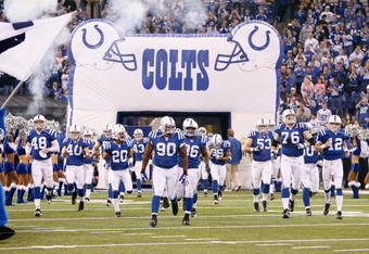 INDIANAPOLIS - DECEMBER 28:  The Indianapolis Colts celebrate as they enter the field before the game against the Tennessee Titans and the Indianapolis Colts on December 28, 2008 at Lucas Oil Stadium in Indianapolis, Indiana. (Photo by: Jamie Squire/Getty Images)