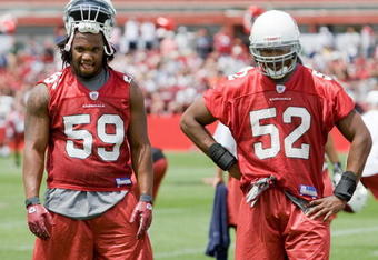 TEMPE, AZ - MAY 2 :  Will Davis #59 and Cody Brown #52 of the Arizona Cardinals watch a drill during a team minicamp at the team training facility on May 2, 2009 in Tempe, Arizona.  (Photo by Jonathan Willey/Getty Images)