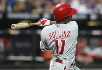 NEW YORK - MAY 06:  Jimmy Rollins #11 of the Philadelphia Phillies at bat against the New York Mets at Citi Field on May 6, 2009 in the Flushing neighborhood of the Queens borough of New York City.  (Photo by Nick Laham/Getty Images)