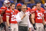 NEW ORLEANS - JANUARY 07:  Jim Tressel, head coach of the Ohio State Buckeyes stands on the field prior to the AllState BCS National Championship against the Louisiana State University Tigers on January 7, 2008 at the Louisiana Superdome in New Orleans, Louisiana.  (Photo by Andy Lyons/Getty Images)