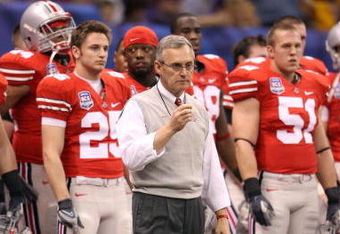 NEW ORLEANS - JANUARY 07:  Jim Tressel, head coach of the Ohio State Buckeyes stands on the field prior to the AllState BCS National Championship against the Louisiana State University Tigers on January 7, 2008 at the Louisiana Superdome in New Orleans, Louisiana.  (Photo by Andy Lyons/Getty Images)