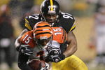 PITTSBURGH - DECEMBER 02: James Harrison #92 of the Pittsburgh Steelers tackles Chris Henry #15 of the Cincinnati Bengals  on December 2, 2007 at Heinz Field in Pittsburgh, Pennsylvania. The Steelers won 24-10. (Photo by Rick Stewart/Getty Images)