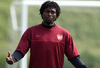 ST ALBANS, ENGLAND - APRIL 14: Emmanuel Adebayor of Arsenal during a training session ahead of their UEFA Champions League Quarter Final second leg round match against Villarreal, at London Colney on April 14, 2009 in St Albans, England.  (Photo by Phil Cole/Getty Images)