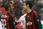 MILAN, ITALY - APRIL 26: David Beckham and Kaka (R) of Milan laugh during the Serie A match between AC Milan and US Citta di Palermo at the San Siro Stadium on April 26, 2009 in Milan,Italy.  (Photo by New Press/Getty Images)