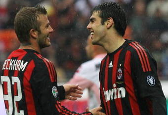 MILAN, ITALY - APRIL 26: David Beckham and Kaka (R) of Milan laugh during the Serie A match between AC Milan and US Citta di Palermo at the San Siro Stadium on April 26, 2009 in Milan,Italy.  (Photo by New Press/Getty Images)