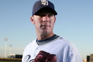 PEORIA, AZ - FEBRUARY 24:   (EDITORS NOTE: A TILT-SHIFT LENS WAS USED TO MAKE THIS IMAGE)  Jake Peavy #44 of the San Diego Padres poses during photo day at Peoria Stadium on February 24, 2009 in Peoria, Arizona. (Photo by Donald Miralle/Getty Images)