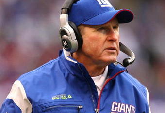 EAST RUTHERFORD, NJ - NOVEMBER 16:  Tom Coughlin, Head Coach of the New York Giants looks on against the Baltimore Ravens during their game on November 16, 2008 at Giants Stadium in East Rutherford, New Jersey.  (Photo by Al Bello/Getty Images)