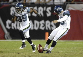TAMPA, FL - OCTOBER 19: Kicker Olindo Mare #10 of the Seattle Seahawks plays against  the Tampa Bay Buccaneers at Raymond James Stadium on October 19, 2008 in Tampa, Florida.  (Photo by Al Messerschmidt/Getty Images) 
