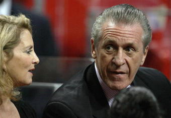 MIAMI - APRIL 27:  Pat Riley, president of the Miami Heat, and his wife Chris Riley watch the Heat take on the Atlanta Hawks during Game Four of the Eastern Conference Quarterfinals of the 2009 NBA Playoffs at American Airlines Arena on April 27, 2009 in Miami, Florida. NOTE TO USER: User expressly acknowledges and agrees that, by downloading and/or using this Photograph, user is consenting to the terms and conditions of the Getty Images License Agreement.  (Photo by Doug Benc/Getty Images)
