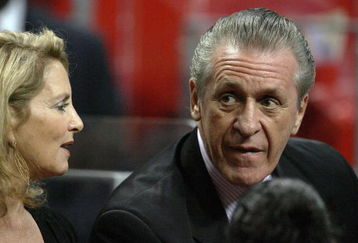 MIAMI - APRIL 27:  Pat Riley, president of the Miami Heat, and his wife Chris Riley watch the Heat take on the Atlanta Hawks during Game Four of the Eastern Conference Quarterfinals of the 2009 NBA Playoffs at American Airlines Arena on April 27, 2009 in Miami, Florida. NOTE TO USER: User expressly acknowledges and agrees that, by downloading and/or using this Photograph, user is consenting to the terms and conditions of the Getty Images License Agreement.  (Photo by Doug Benc/Getty Images)