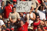 ANAHEIM, CA - MAY 14: An Angels fan holds up a sign reminding David Ortiz of the Boston Red Sox that he has no home runs for the year during the game with the Los Angeles Angels of Anaheim on May 14, 2009 at Angel Stadium in Anaheim, California.  The Angels won 5-4 in 12 innings.   (Photo by Stephen Dunn/Getty Images)