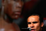LAS VEGAS - MAY 02:  Boxer Juan Manuel Marquez of Mexico answers questions regarding his July 18th fight against boxer Floyd Mayweather Jr. during a news conference at the Hollywood Theatre in the MGM Grand Hotel/Casino May 2, 2009 in Las Vegas, Nevada. Mayweather, who came out of retirement, has not boxed since his bout against Ricky Hatton of England in December 2007.  (Photo by Al Bello/Getty Images)