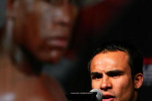 LAS VEGAS - MAY 02:  Boxer Juan Manuel Marquez of Mexico answers questions regarding his July 18th fight against boxer Floyd Mayweather Jr. during a news conference at the Hollywood Theatre in the MGM Grand Hotel/Casino May 2, 2009 in Las Vegas, Nevada. Mayweather, who came out of retirement, has not boxed since his bout against Ricky Hatton of England in December 2007.  (Photo by Al Bello/Getty Images)