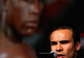 LAS VEGAS - MAY 02:  Boxer Juan Manuel Marquez of Mexico answers questions regarding his July 18th fight against boxer Floyd Mayweather Jr. during a news conference at the Hollywood Theatre in the MGM Grand Hotel/Casino May 2, 2009 in Las Vegas, Nevada. Mayweather, who came out of retirement, has not boxed since his bout against Ricky Hatton of England in December 2007.  (Photo by Al Bello/Getty Images)