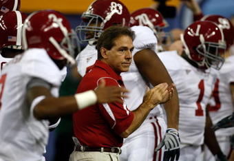ATLANTA - DECEMBER 06:  Head coach Nick Saban of the Alabama Crimson Tide waits for his team to take the field before playing the Florida Gators for the SEC Championship on December 6, 2008 at the Georgia Dome in Atlanta, Georgia.  (Photo by Chris Graythen/Getty Images)