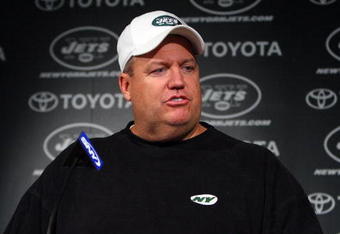 FLORHAM PARK, NJ - MAY 02:  Head coach Rex Ryan of the New York Jets speaks to the media during minicamp on May 2, 2009 at the Atlantic Health Jets Training Center in Florham Park, New Jersey.  (Photo by Jim McIsaac/Getty Images)