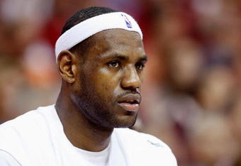 CLEVELAND - MAY 20:  LeBron James #23 of the Cleveland Cavaliers looks on against the Orlando Magic in Game One of the Eastern Conference Finals during the 2009 Playoffs at Quicken Loans Arena on May 20, 2009 in Cleveland, Ohio. NOTE TO USER: User expressly acknowledges and agrees that, by downloading and or using this photograph, User is consenting to the terms and conditions of the Getty Images License Agreement  (Photo by Gregory Shamus/Getty Images)