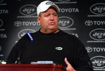 FLORHAM PARK, NJ - MAY 02:  Head coach Rex Ryan of the New York Jets speaks to the media during minicamp on May 2, 2009 at the Atlantic Health Jets Training Center in Florham Park, New Jersey.  (Photo by Jim McIsaac/Getty Images)