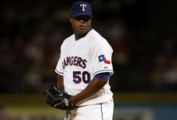 ARLINGTON, TX - JUNE 27:  Pitcher Frank Francisco #50 of the Texas Rangers throws against the Philadelphia Phillies during Interleague MLB action on June 27, 2008 at Rangers Ballpark in Arlington, Texas.  (Photo by Ronald Martinez/Getty Images)