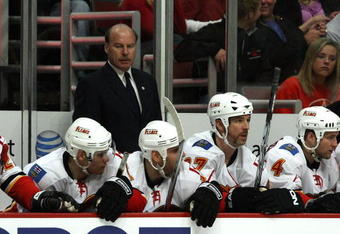 CHICAGO - APRIL 16:  Head coach Mike Keenan of the Calgary Flames looks on from the bench during play in the second period against the Chicago Blackhawks during Game One of the Western Conference Quarterfinals of the 2009 Stanley Cup Playoffs on April 16, 2009 at the United Center in Chicago, Illinois.  (Photo by Jonathan Daniel/Getty Images)