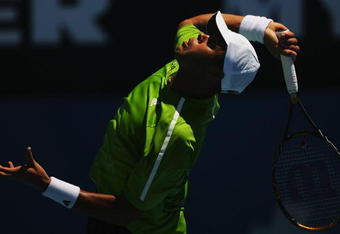 SYDNEY, AUSTRALIA - JANUARY 14:  Jo Wilfred Tsonga of France serves during the second round match against Simone Bolelli of Italy during day four of the 2009 Medibank International at the Sydney Olympic Park Tennis Centre on January 14, 2009 in Sydney, Australia.  (Photo by Matt King/Getty Images)