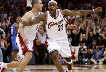 CLEVELAND - MAY 22:  LeBron James #23 and Sasha Pavlovic #3 of the Cleveland Cavaliers celebrate after James made the game winning three pointer against the Orlando Magic in Game Two of the Eastern Conference Finals during the 2009 Playoffs at Quicken Loans Arena on May 22, 2009 in Cleveland, Ohio. NOTE TO USER: User expressly acknowledges and agrees that, by downloading and or using this photograph, User is consenting to the terms and conditions of the Getty Images License Agreement  (Photo by Gregory Shamus/Getty Images)